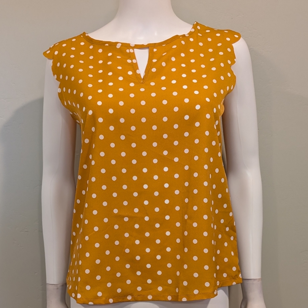 SHEIN Yellow And White Polka Dot Scallop Sleeve Blouse Size Small